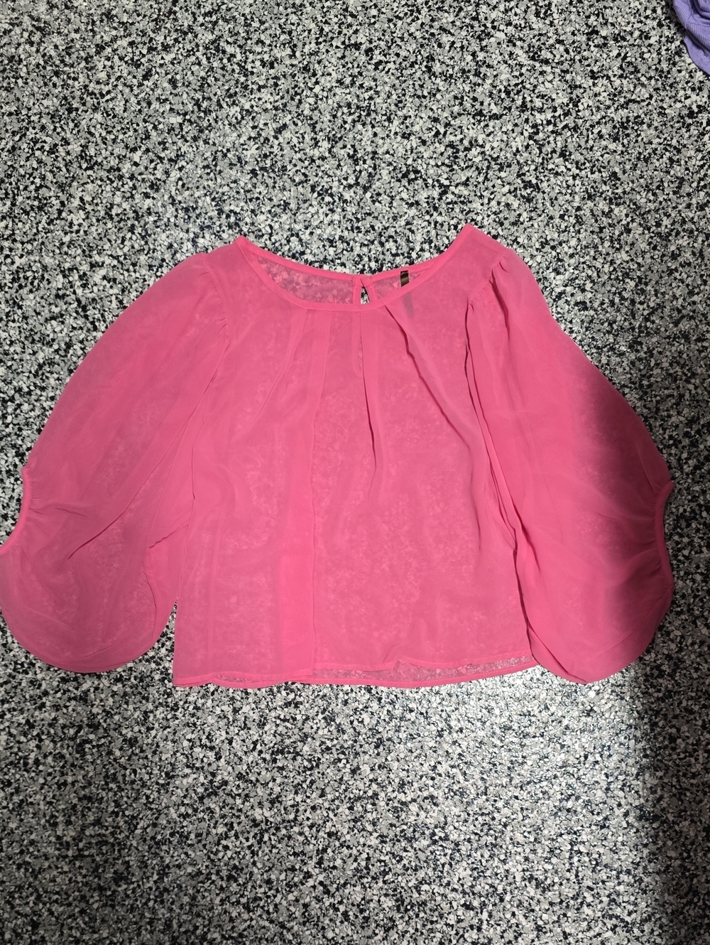 Pink Women's Sheer Blouse with Balloon Sleeves
